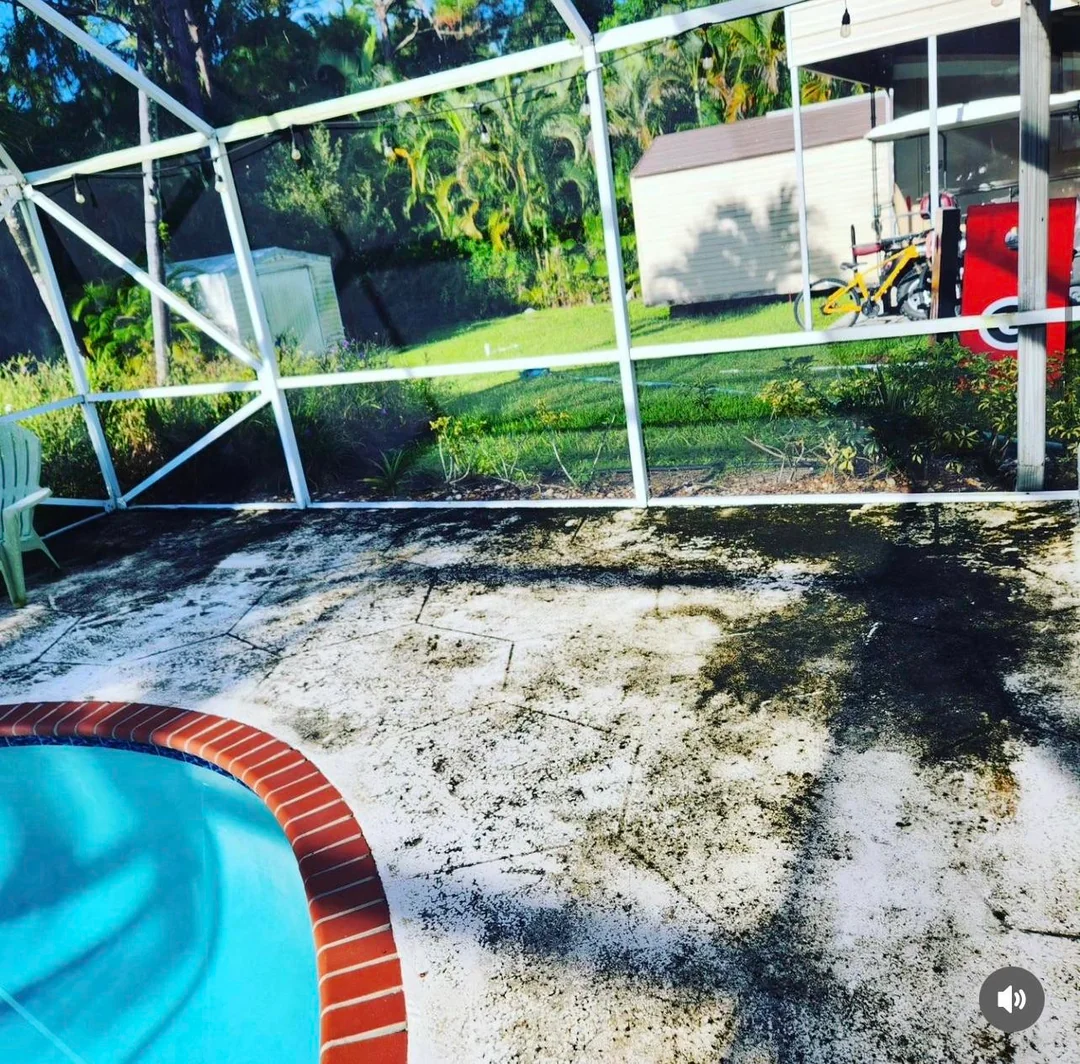 Dirty pool deck before pressure washing